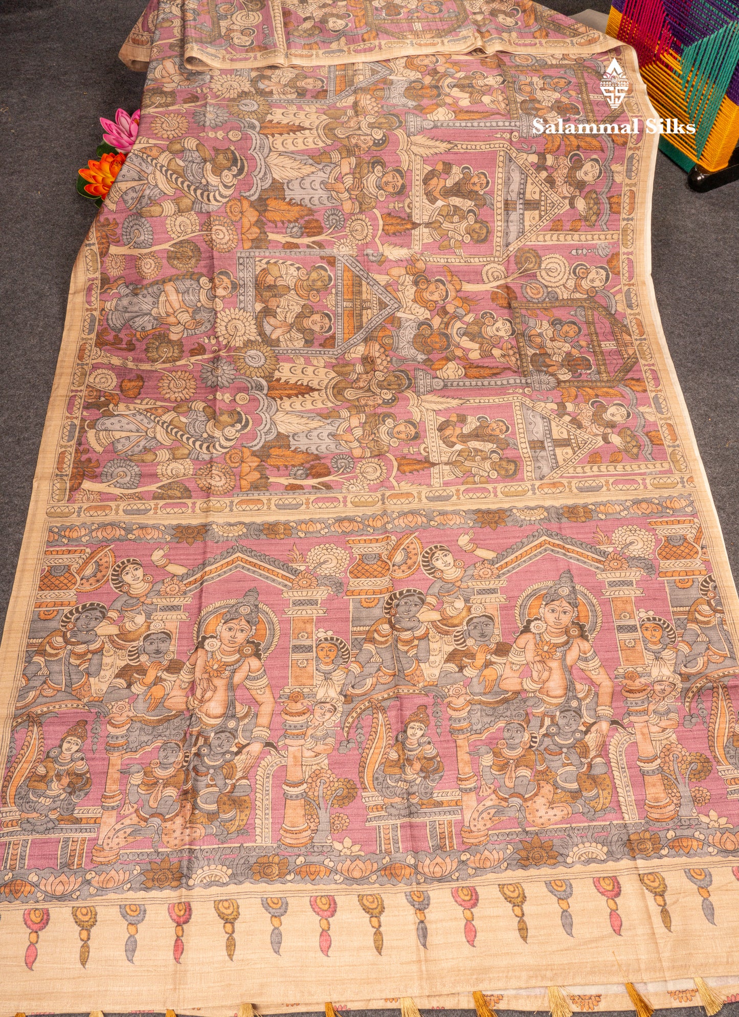 Purple Kalamkari Design Semi Tussar Fancy Saree With Contrast Sandal Blouse