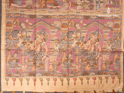 Purple Kalamkari Design Semi Tussar Fancy Saree With Contrast Sandal Blouse