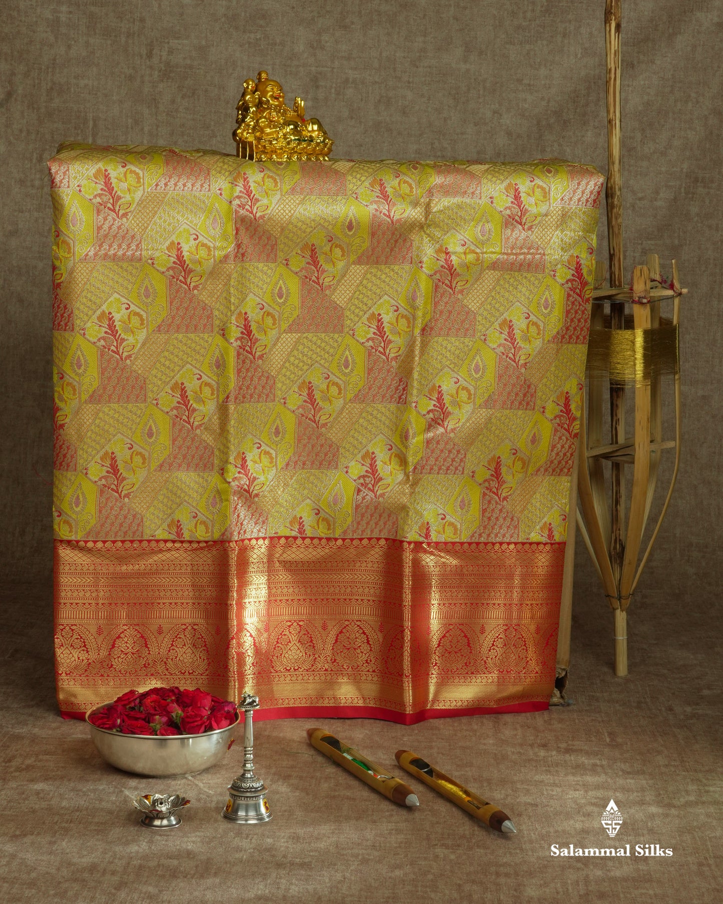 Semi Silk Pattu Pavadai ( Mustard Yellow ) With Red Blouse 36"
