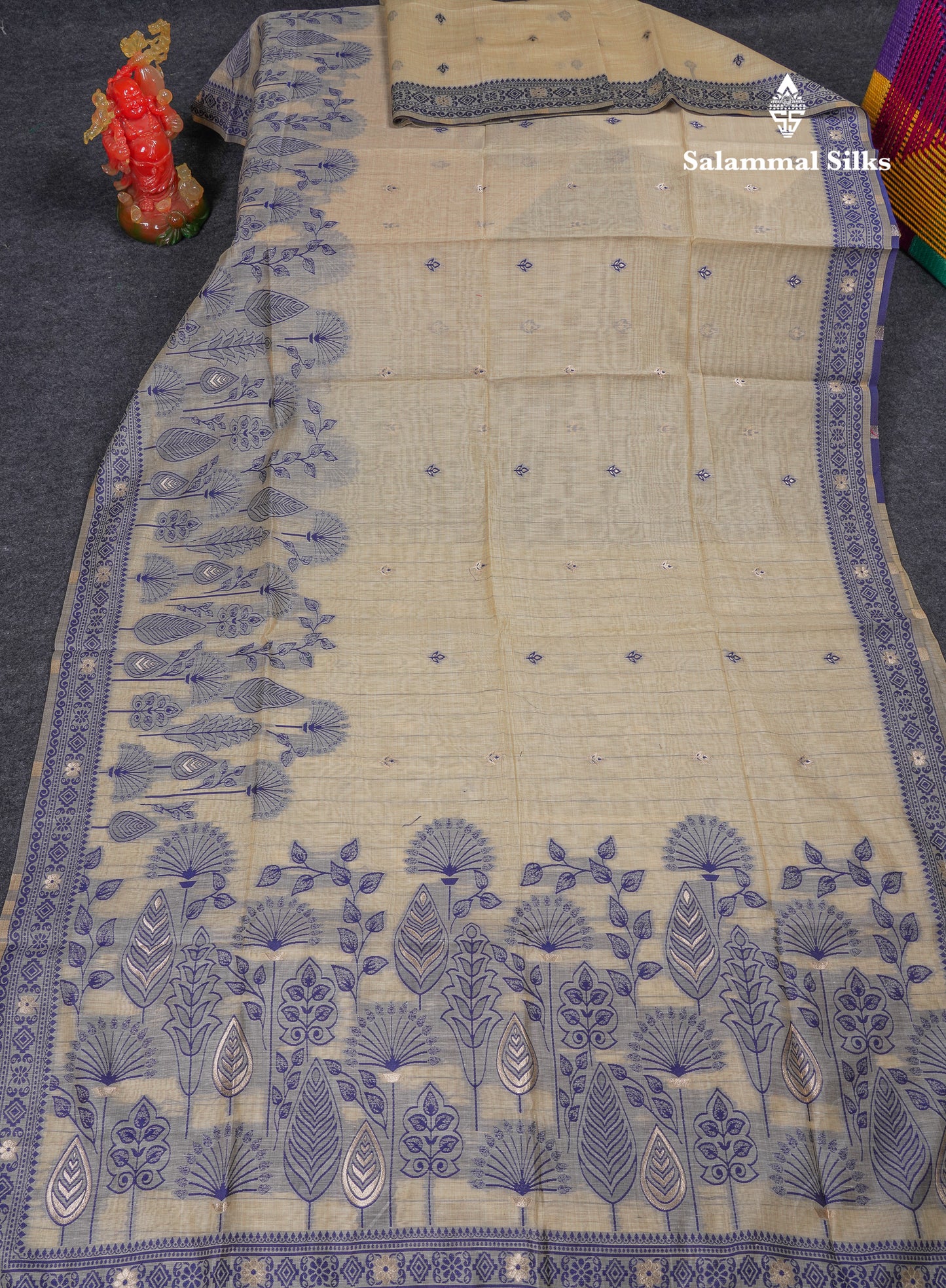 Beautiful Cream Sandal Thread Work Butta Cotton Mix Saree With Contrast Navy Blue Fancy Border
