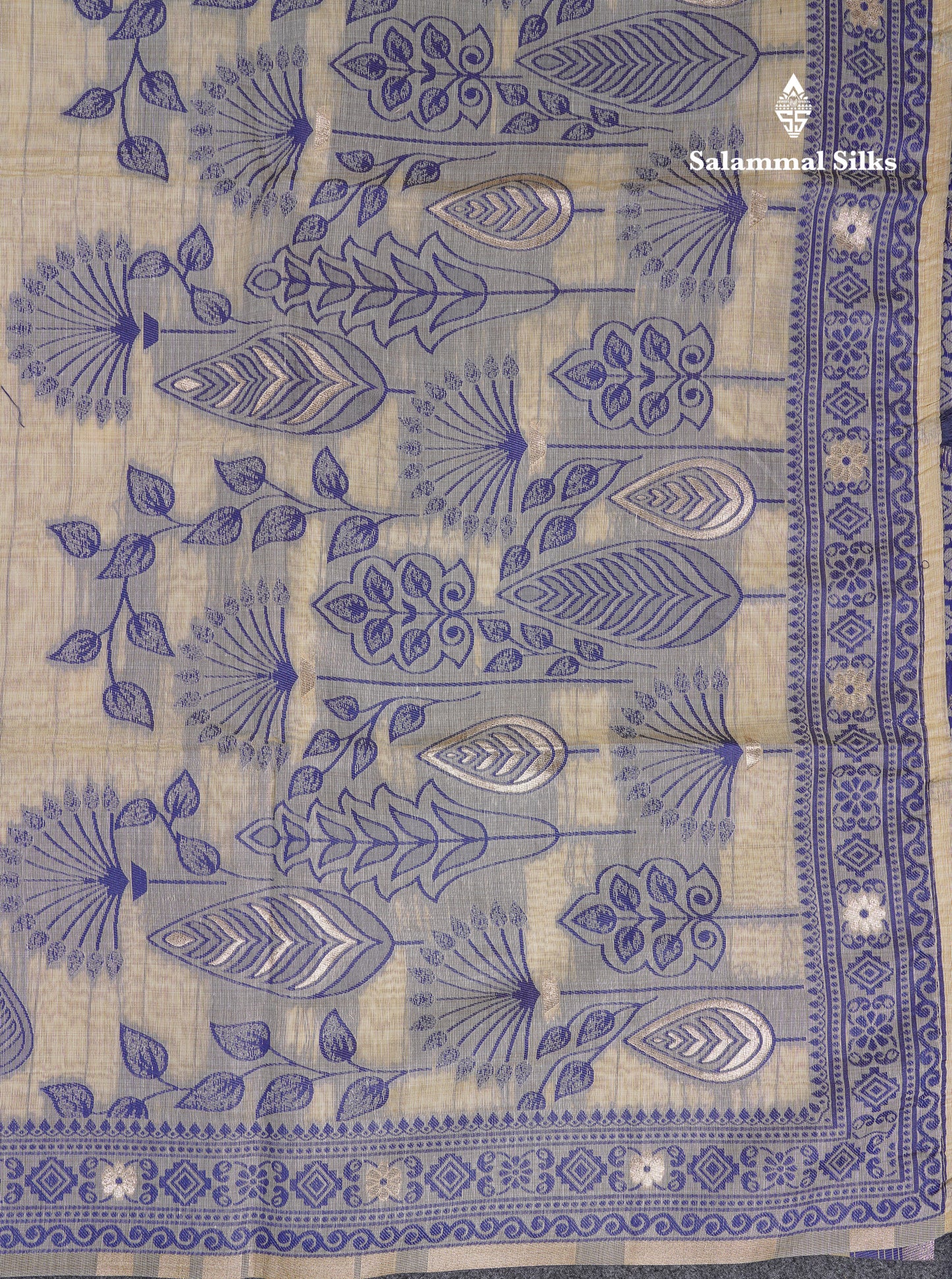 Beautiful Cream Sandal Thread Work Butta Cotton Mix Saree With Contrast Navy Blue Fancy Border