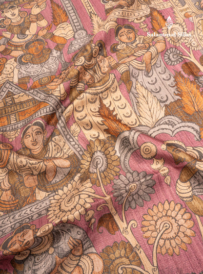Purple Kalamkari Design Semi Tussar Fancy Saree With Contrast Sandal Blouse