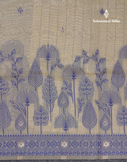 Beautiful Cream Sandal Thread Work Butta Cotton Mix Saree With Contrast Navy Blue Fancy Border