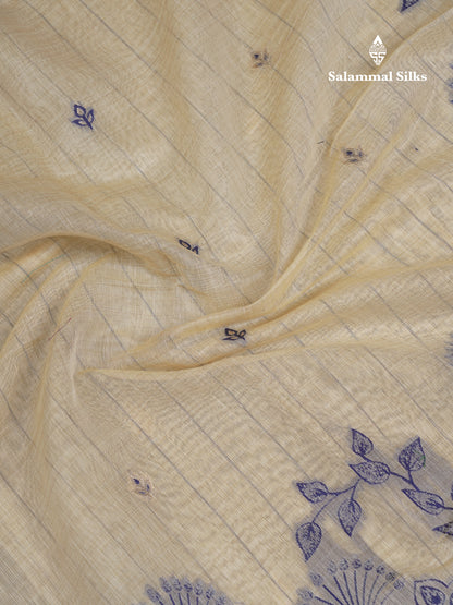 Beautiful Cream Sandal Thread Work Butta Cotton Mix Saree With Contrast Navy Blue Fancy Border