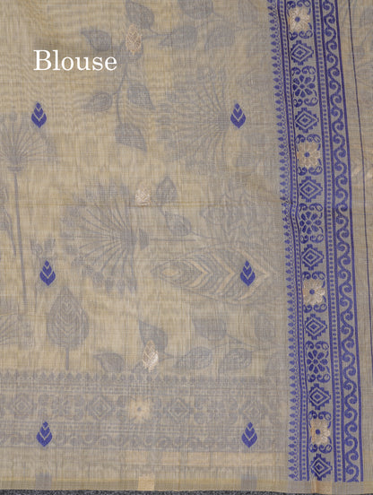 Beautiful Cream Sandal Thread Work Butta Cotton Mix Saree With Contrast Navy Blue Fancy Border