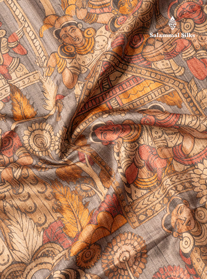 Purple Kalamkari Design Semi Tussar Fancy Saree With Contrast Sandal Blouse