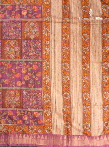 Mustard Yellow Semi Tussar Fancy Saree With Contrast Pink Shade Border