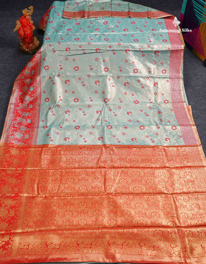 Beautiful Light Rexona Tissue Bridal Semi Silk Saree With Contrast Tomato Red Fancy Floral Evening Morning Border