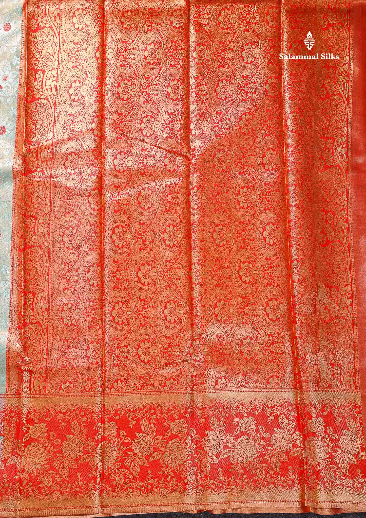 Beautiful Light Rexona Tissue Bridal Semi Silk Saree With Contrast Tomato Red Fancy Floral Evening Morning Border