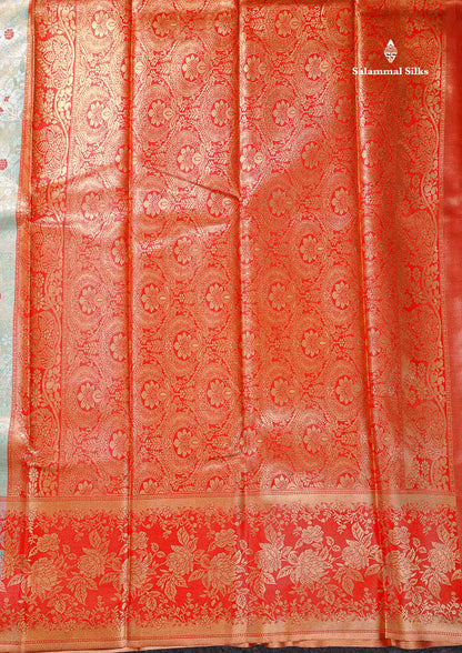 Beautiful Light Rexona Tissue Bridal Semi Silk Saree With Contrast Tomato Red Fancy Floral Evening Morning Border