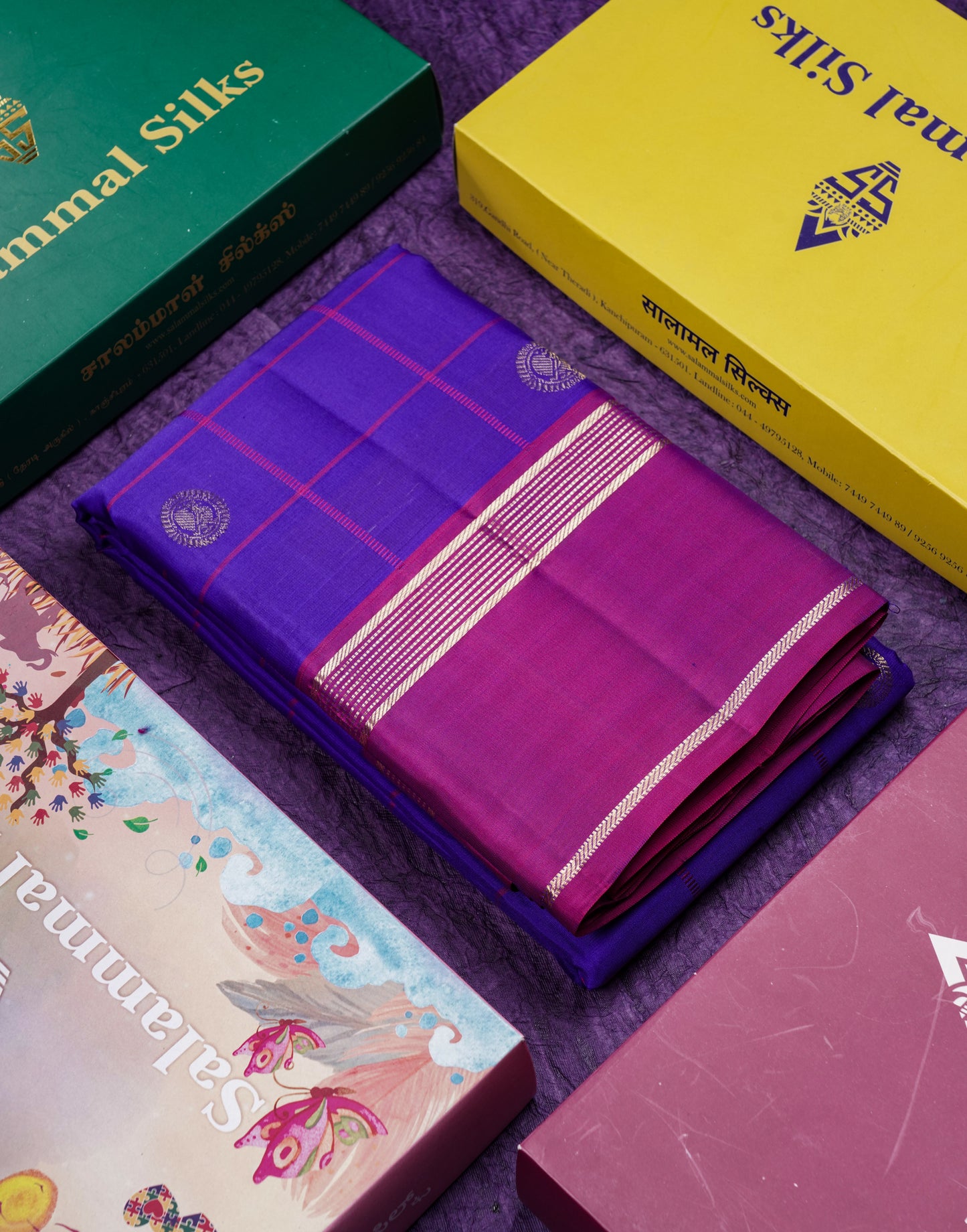 Beautiful Violet Checks And Traditional Butta Pure Kanjivaram Silk Saree With Contrast Purple Border