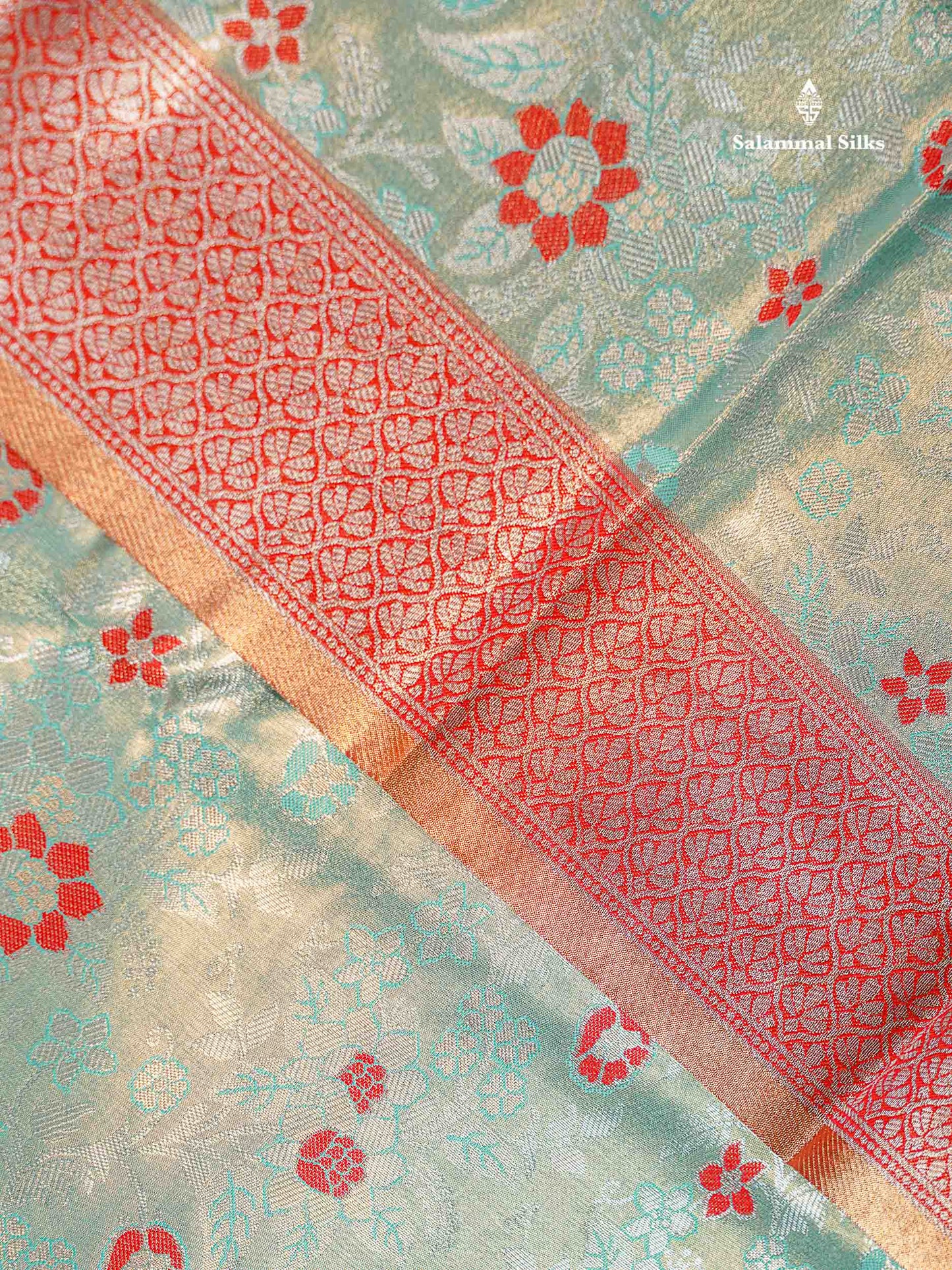 Beautiful Light Rexona Tissue Bridal Semi Silk Saree With Contrast Tomato Red Fancy Floral Evening Morning Border