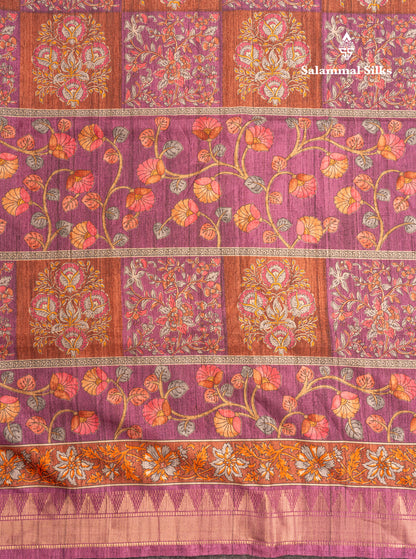 Mustard Yellow Semi Tussar Fancy Saree With Contrast Pink Shade Border