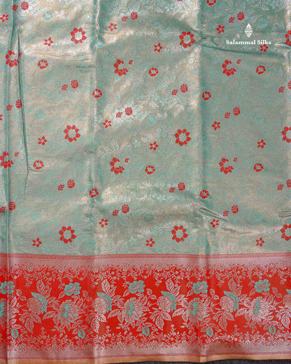 Beautiful Light Rexona Tissue Bridal Semi Silk Saree With Contrast Tomato Red Fancy Floral Evening Morning Border