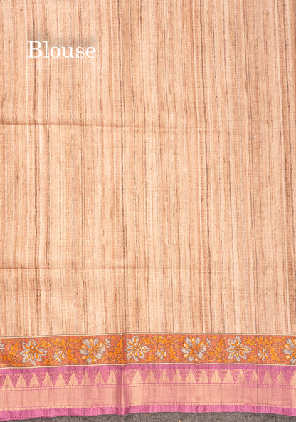 Mustard Yellow Semi Tussar Fancy Saree With Contrast Pink Shade Border