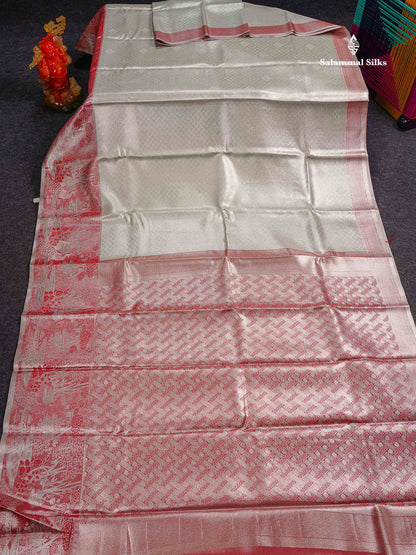Beautiful Silver Grey Tissue Bridal Semi Silk Saree With Contrast Light Maroon Fancy Forest Theme Based Border