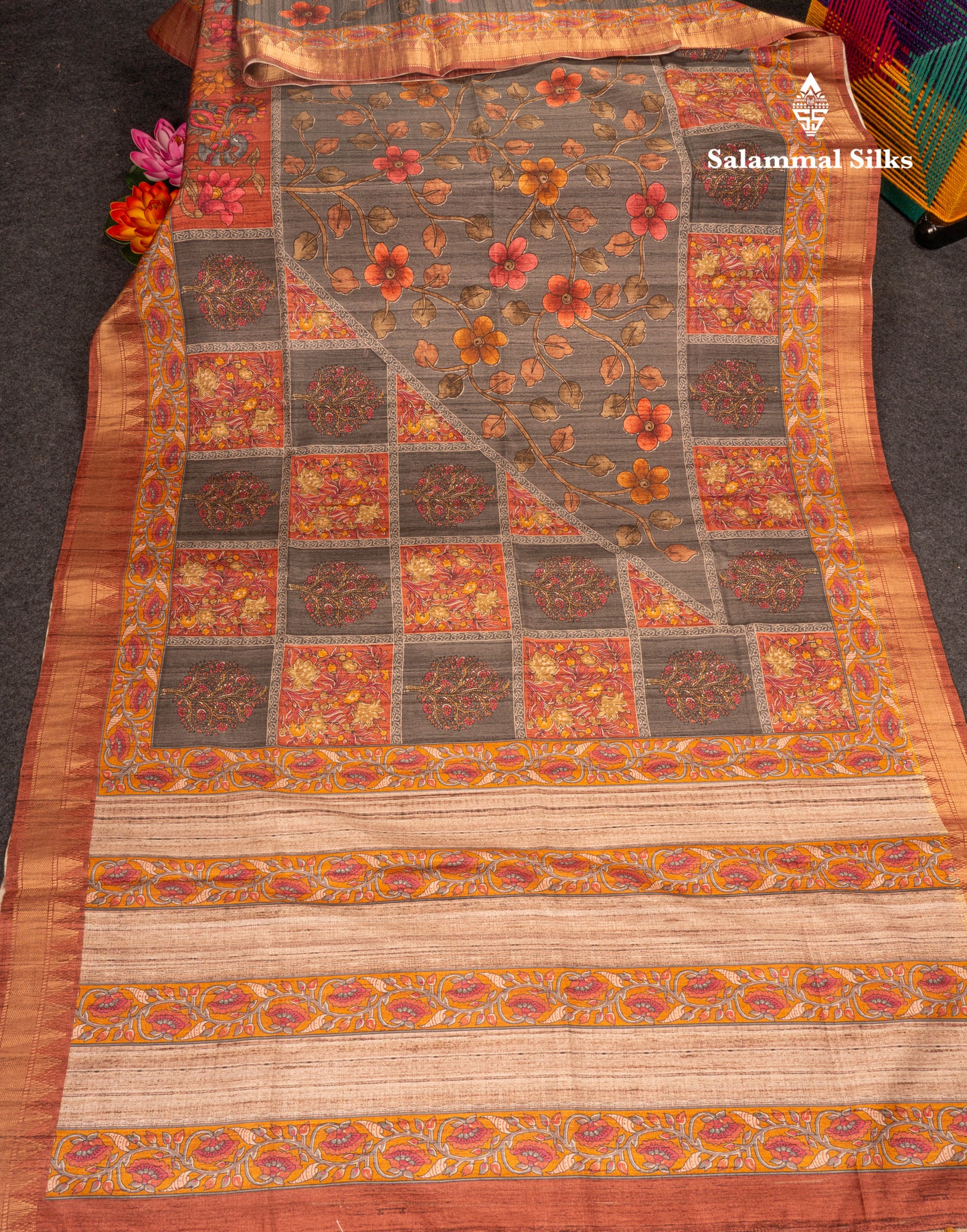 Mustard Yellow Semi Tussar Fancy Saree With Contrast Pink Shade Border