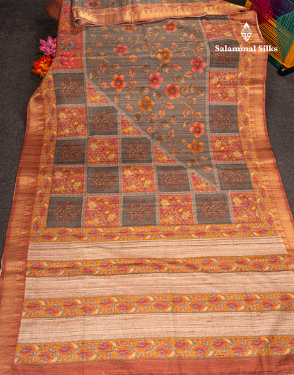 Mustard Yellow Semi Tussar Fancy Saree With Contrast Pink Shade Border