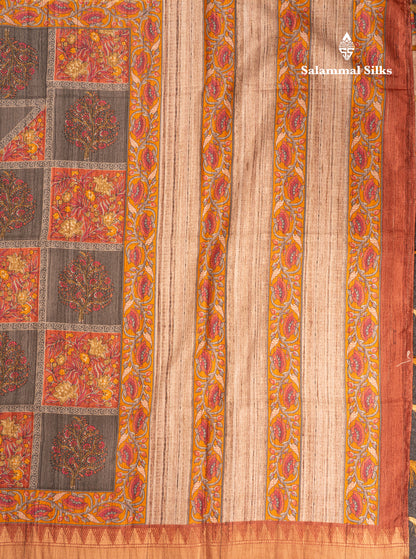 Mustard Yellow Semi Tussar Fancy Saree With Contrast Pink Shade Border