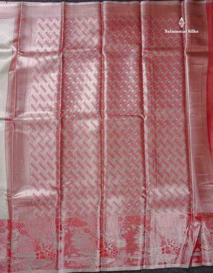 Beautiful Silver Grey Tissue Bridal Semi Silk Saree With Contrast Light Maroon Fancy Forest Theme Based Border
