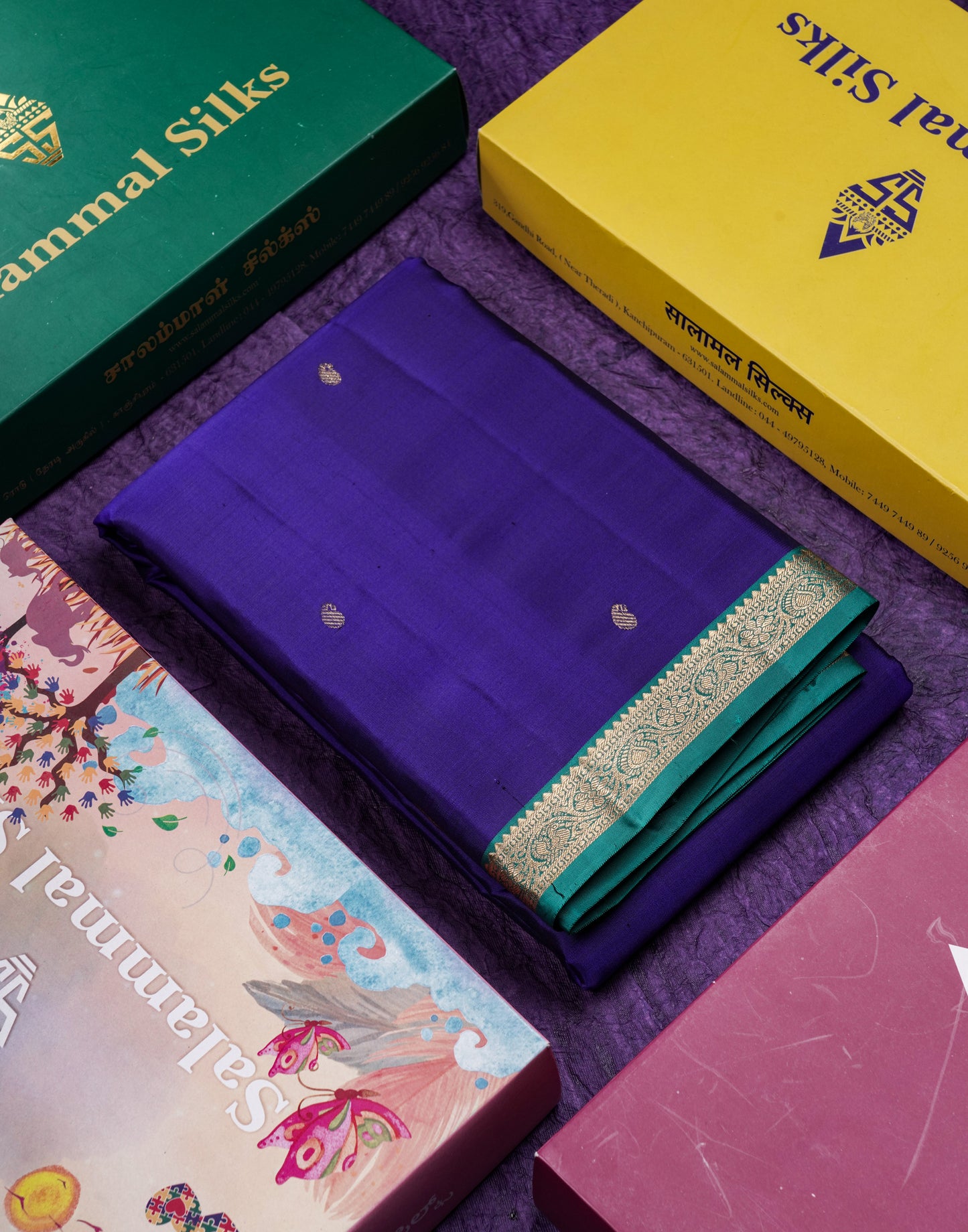 Beautiful Violet Pure Kanjivaram Silk Saree With Contrast Sapphire Green Traditional Small Border