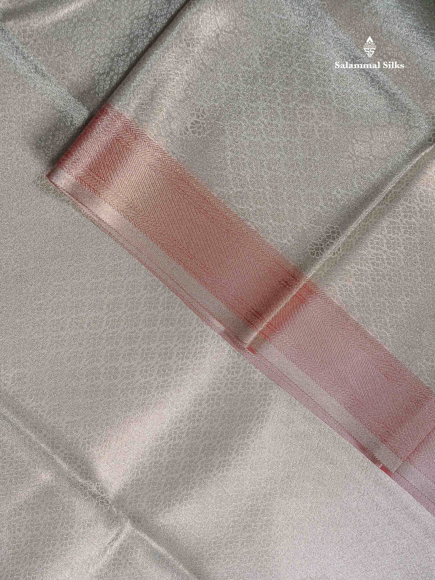 Beautiful Silver Grey Tissue Bridal Semi Silk Saree With Contrast Light Maroon Fancy Forest Theme Based Border