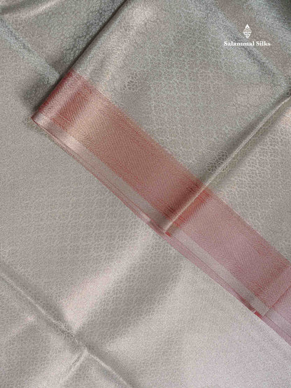 Beautiful Silver Grey Tissue Bridal Semi Silk Saree With Contrast Light Maroon Fancy Forest Theme Based Border