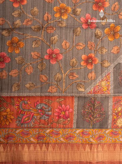 Mustard Yellow Semi Tussar Fancy Saree With Contrast Pink Shade Border