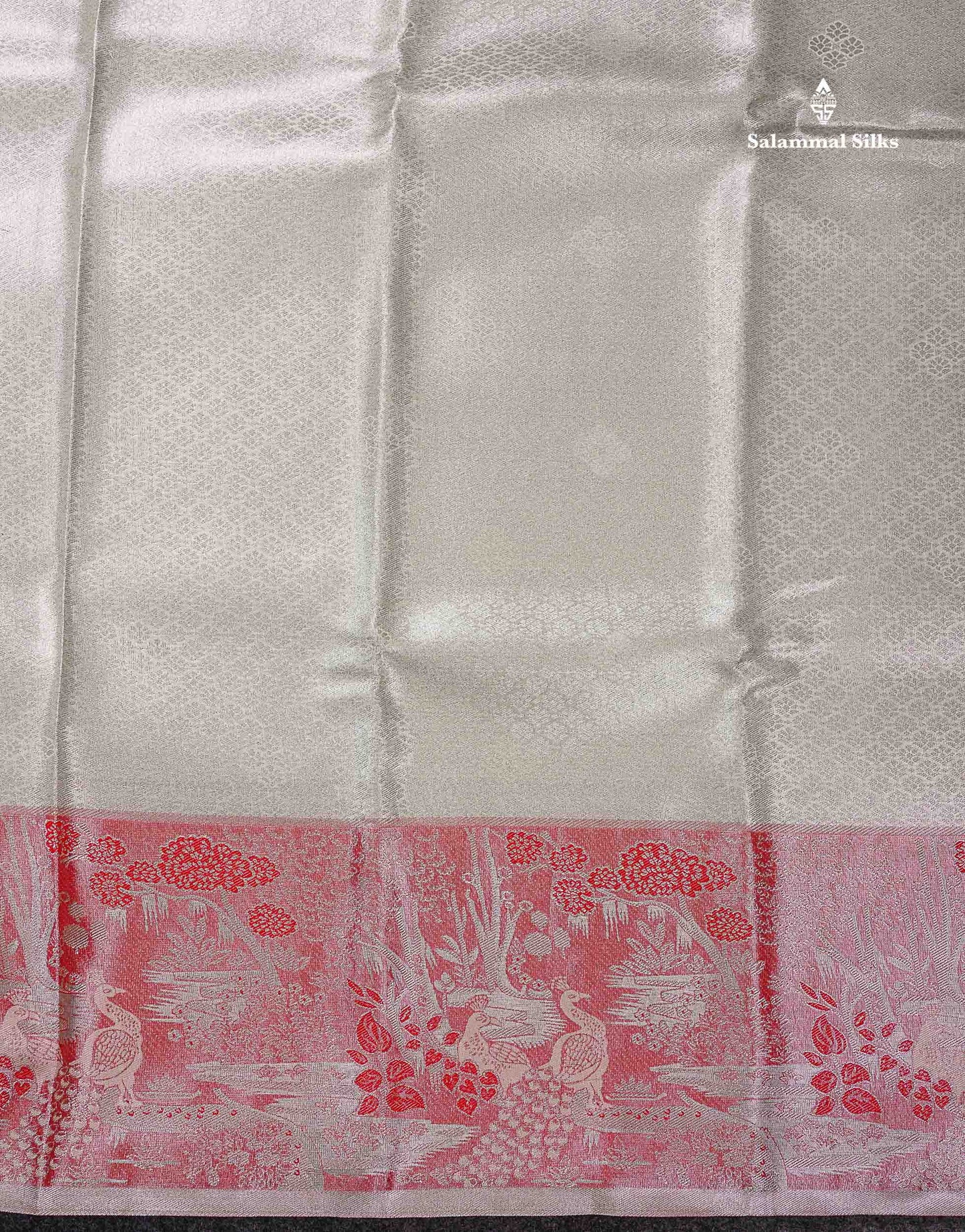 Beautiful Silver Grey Tissue Bridal Semi Silk Saree With Contrast Light Maroon Fancy Forest Theme Based Border