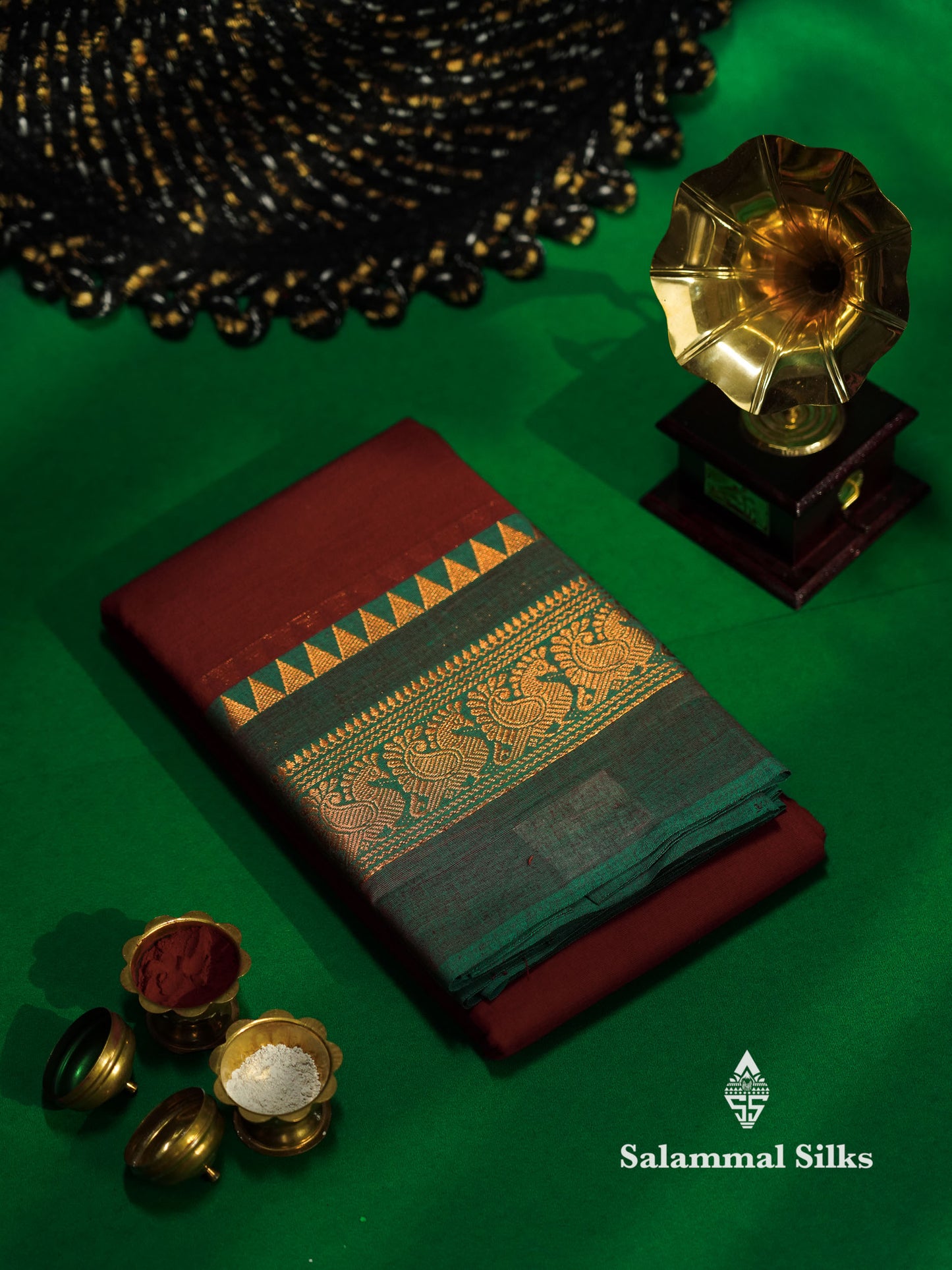 Beautiful Maroon Plain Pure Chettinad Cotton Saree With Green Traditional Border