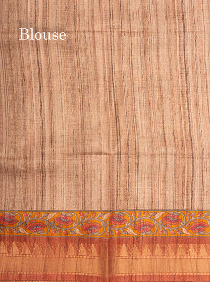 Mustard Yellow Semi Tussar Fancy Saree With Contrast Pink Shade Border