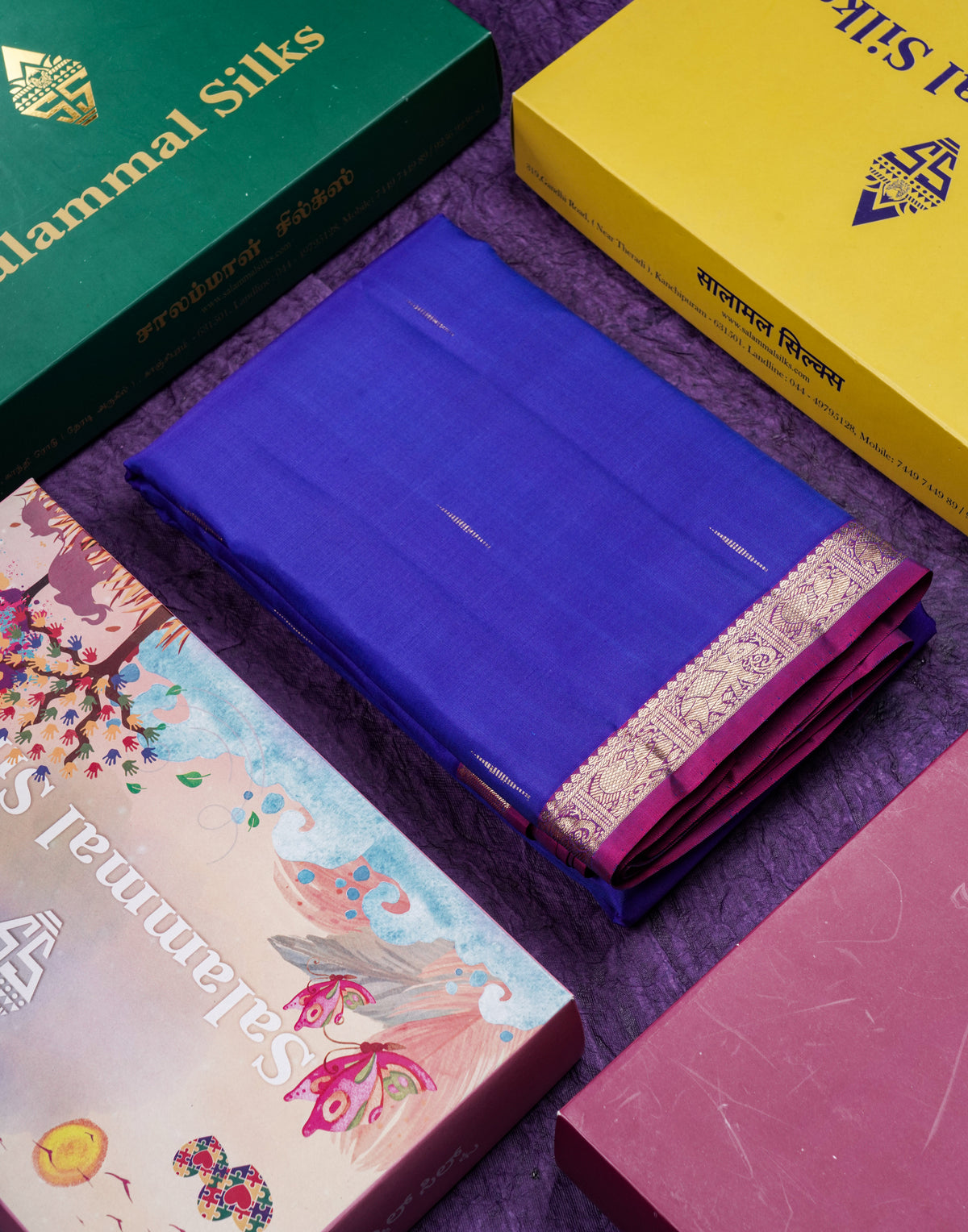 Beautiful Violet Pure Kanjivaram Silk Saree With Contrast Vadamalli Traditional Small Border