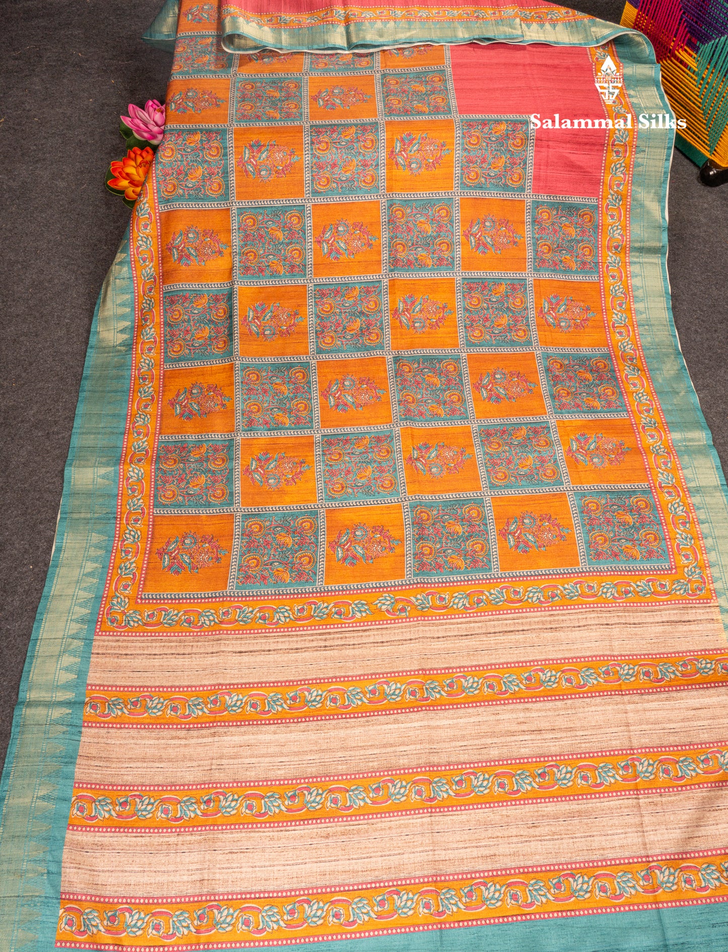Mustard Yellow Semi Tussar Fancy Saree With Contrast Pink Shade Border