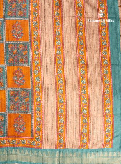 Mustard Yellow Semi Tussar Fancy Saree With Contrast Pink Shade Border