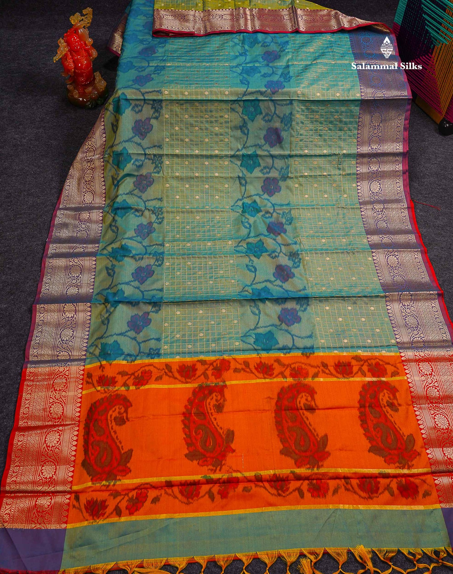 Beautiful Dual Tone Sapphire Green Pochampalli Design Semi Silk Saree With Contrast Rust Orange Blouse