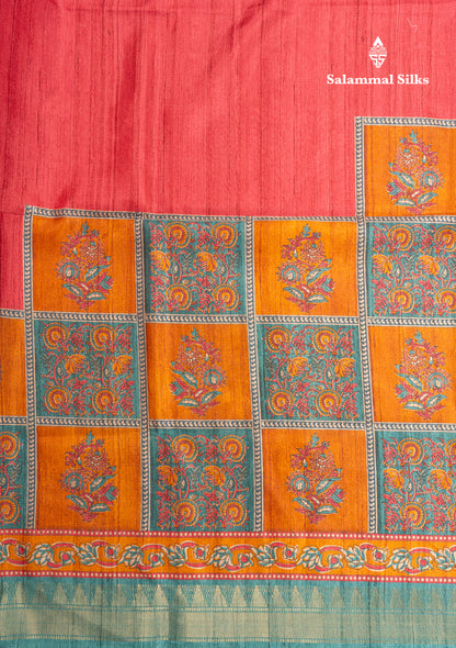 Mustard Yellow Semi Tussar Fancy Saree With Contrast Pink Shade Border