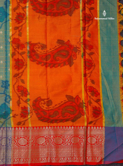 Beautiful Dual Tone Sapphire Green Pochampalli Design Semi Silk Saree With Contrast Rust Orange Blouse