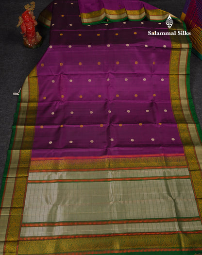 Beautiful Dark Purple Thread Work Butta Pure Kanjivaram Silk Saree With Contrast Bottle Green Traditional Border