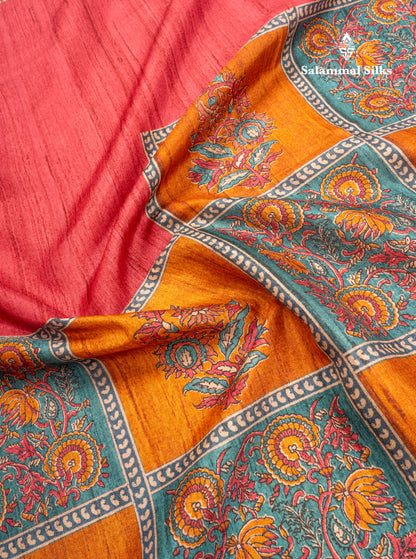Mustard Yellow Semi Tussar Fancy Saree With Contrast Pink Shade Border