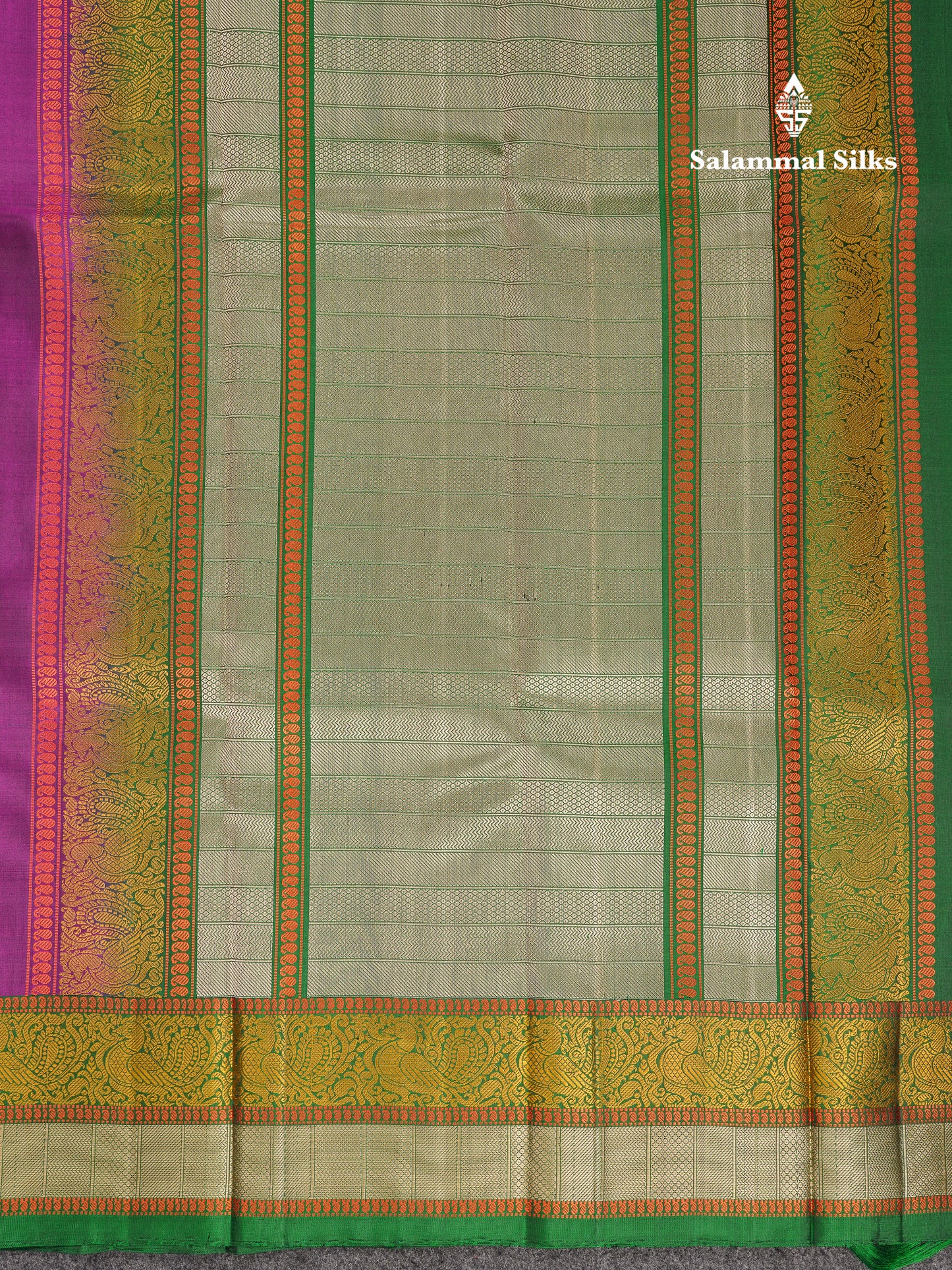 Beautiful Dark Purple Thread Work Butta Pure Kanjivaram Silk Saree With Contrast Bottle Green Traditional Border
