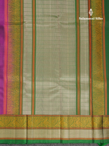 Beautiful Dark Purple Thread Work Butta Pure Kanjivaram Silk Saree With Contrast Bottle Green Traditional Border