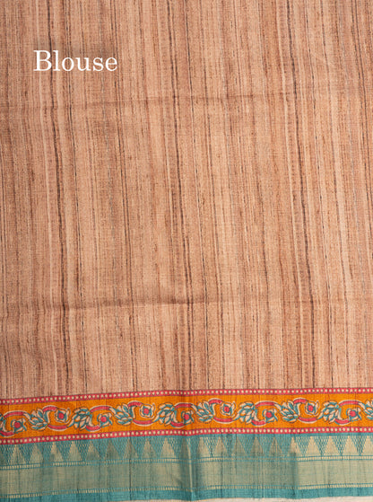 Mustard Yellow Semi Tussar Fancy Saree With Contrast Pink Shade Border