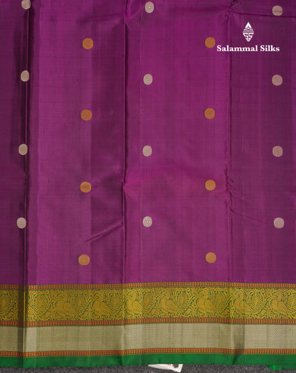 Beautiful Dark Purple Thread Work Butta Pure Kanjivaram Silk Saree With Contrast Bottle Green Traditional Border