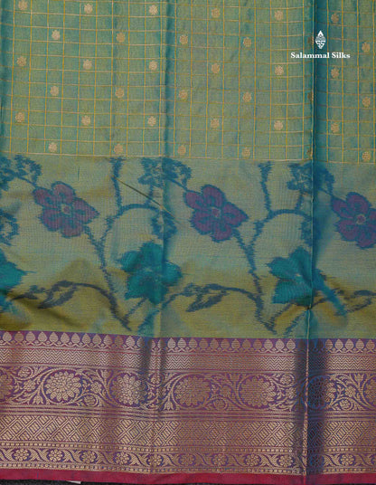 Beautiful Dual Tone Sapphire Green Pochampalli Design Semi Silk Saree With Contrast Rust Orange Blouse