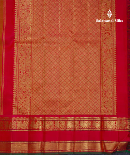 Beautiful Parrot Green Vintage Veldhari Pure Kanjivaram Silk Saree With Reddish Pink Traditional Rettapet Border