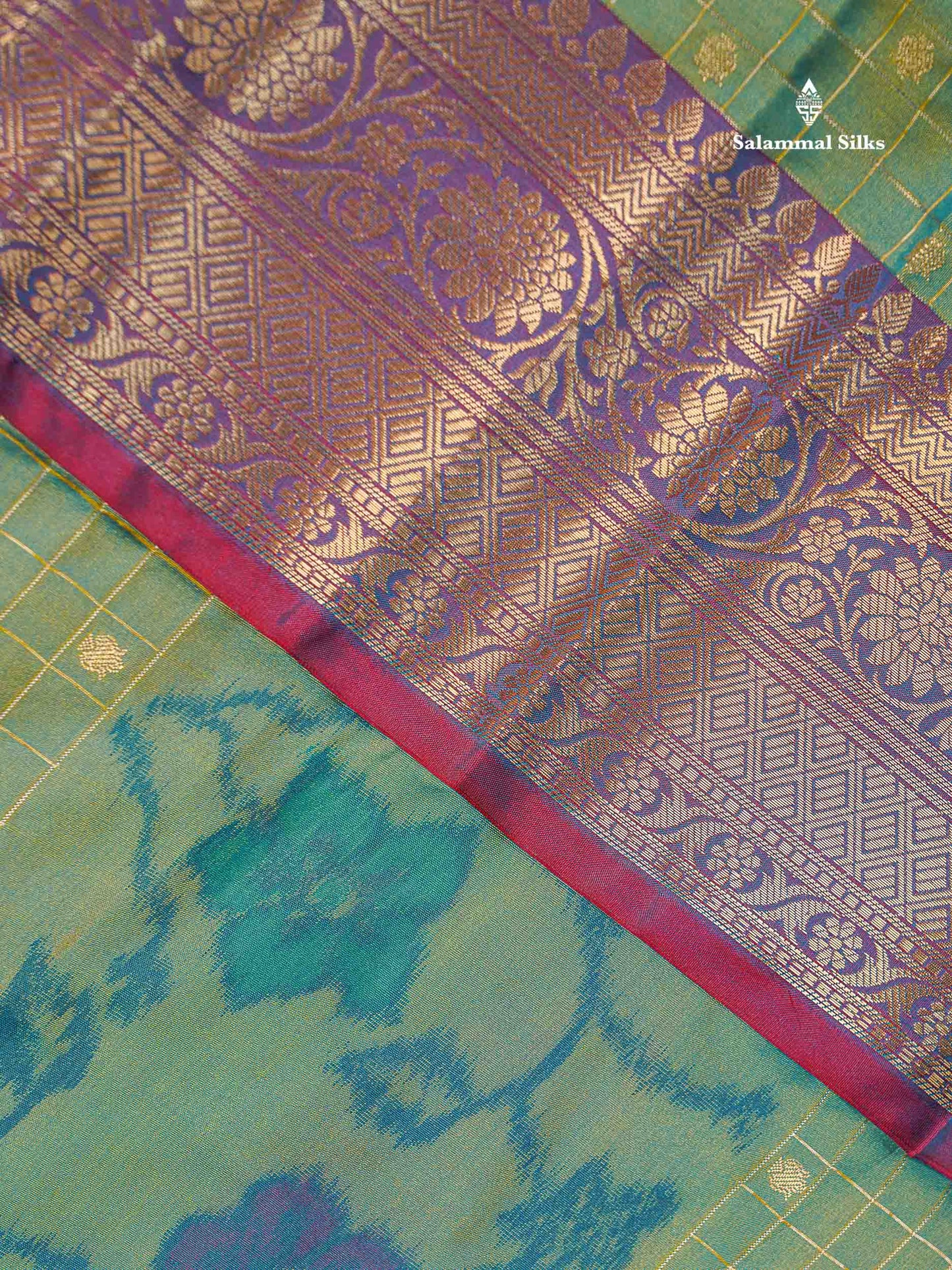 Beautiful Dual Tone Sapphire Green Pochampalli Design Semi Silk Saree With Contrast Rust Orange Blouse