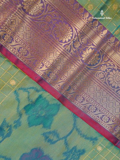 Beautiful Dual Tone Sapphire Green Pochampalli Design Semi Silk Saree With Contrast Rust Orange Blouse