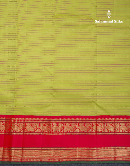 Beautiful Parrot Green Vintage Veldhari Pure Kanjivaram Silk Saree With Reddish Pink Traditional Rettapet Border