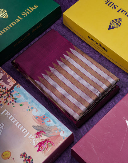 Beautiful Magenta 8Kol Gold & Silver Butta Pure Zari Kanjivaram Silk Saree With Traditional Border