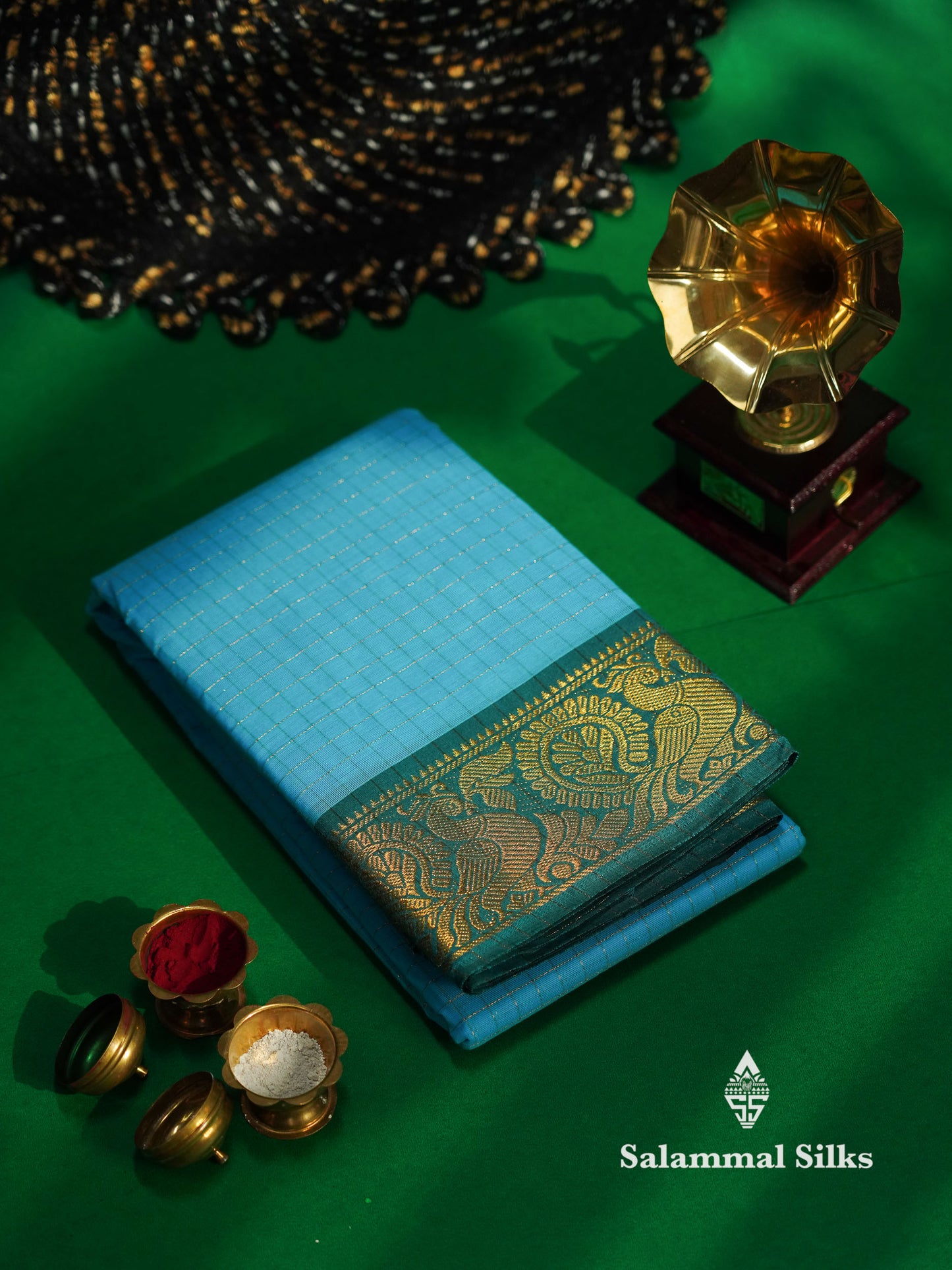 Beautiful Peacock Blue Traditional Checks Chettinad Pure Cotton Saree With Ramar Blue Border